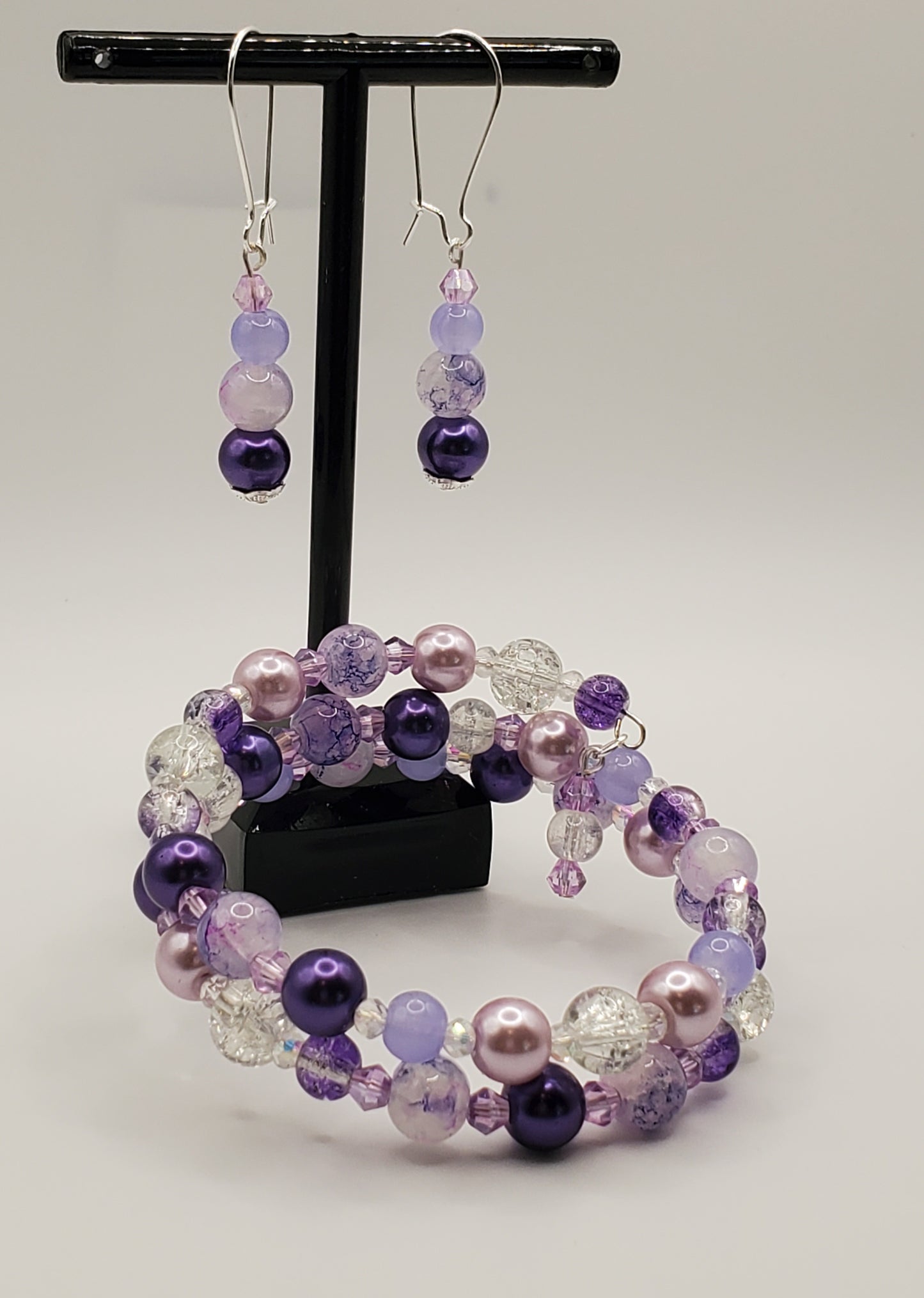 Pleasantly Purple Double Wrap Memory Wire Bracelet & Earring Set