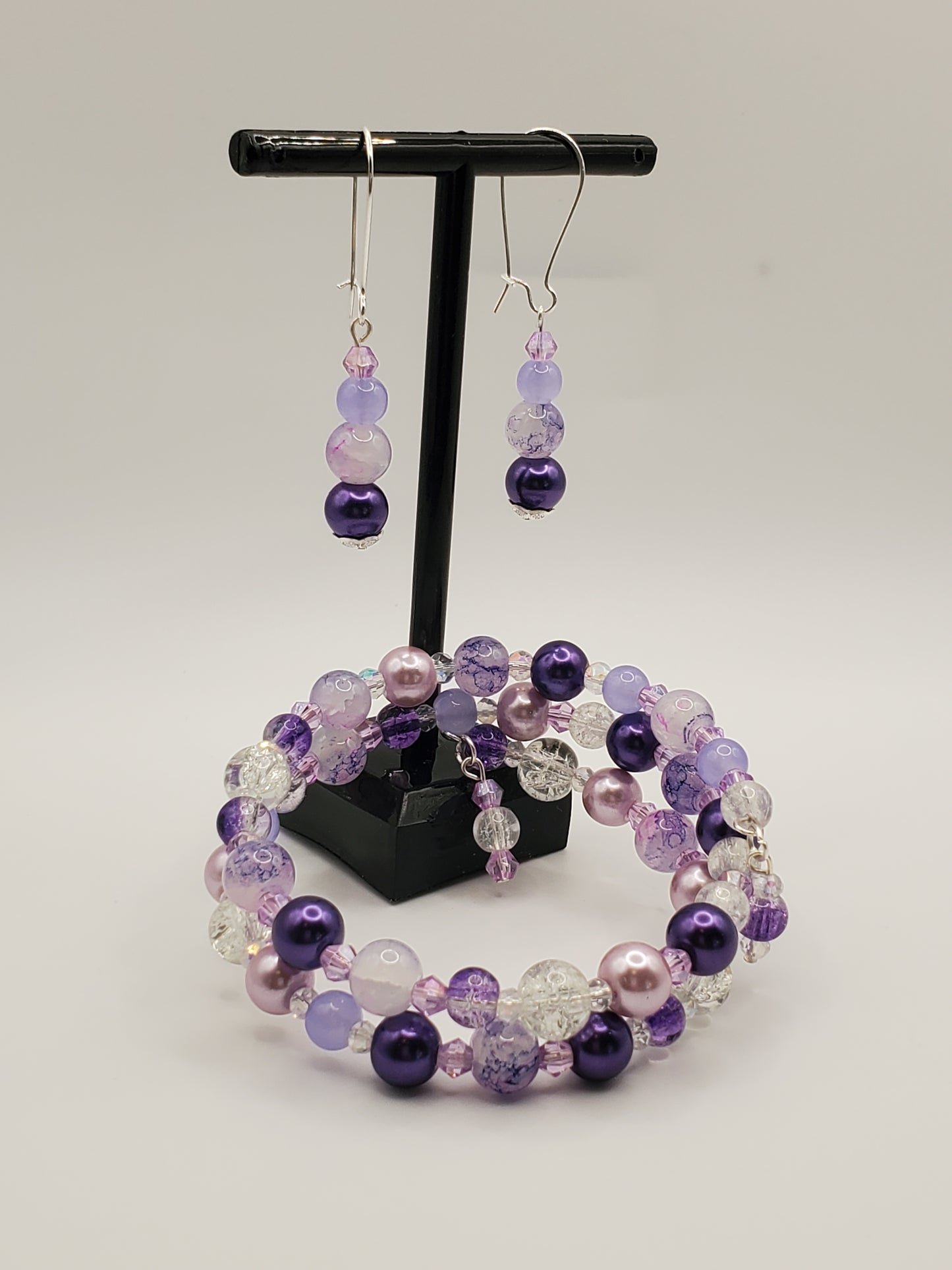 Pleasantly Purple Double Wrap Memory Wire Bracelet & Earring Set